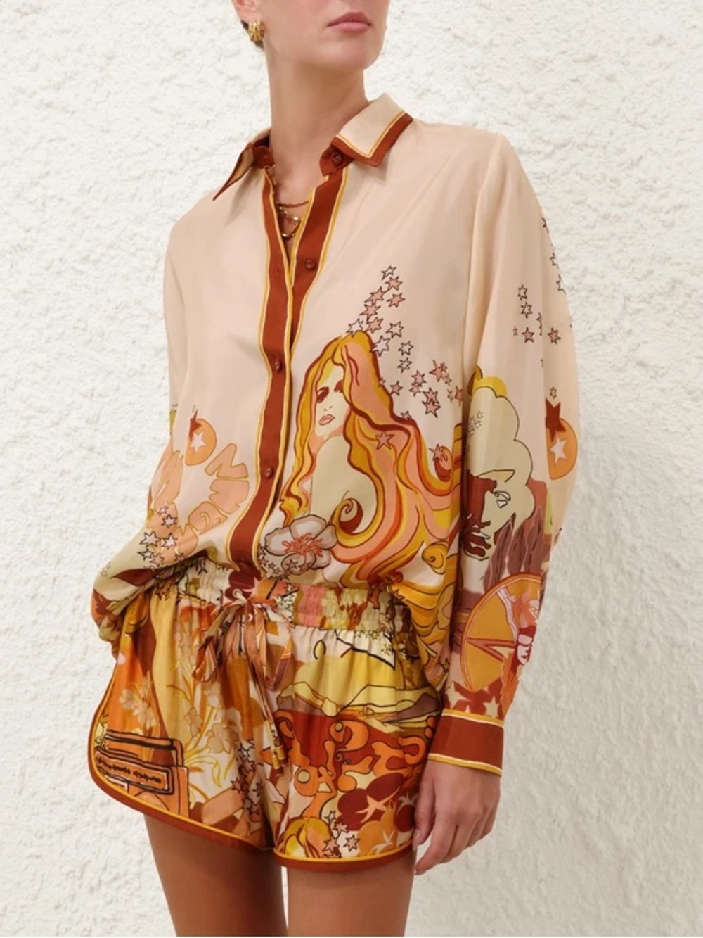 2PCs Silky Boho Graphic Button-Up Shirt in Cream & Rust with matching Shorts